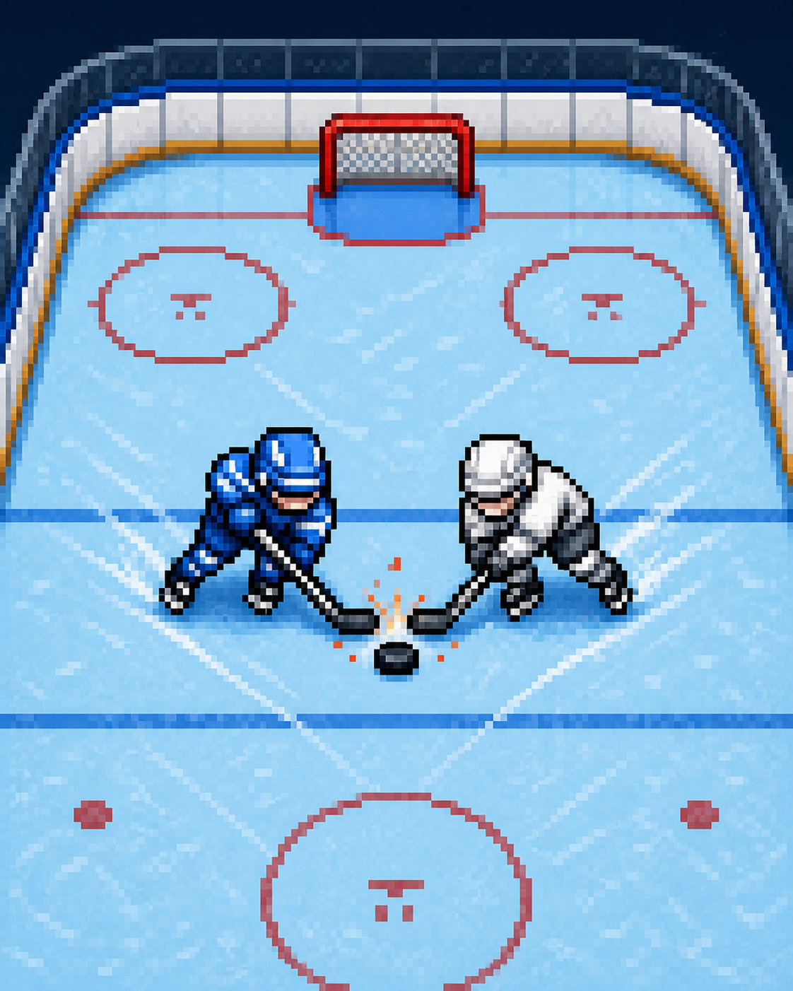 Captura pixel art de iceBrawlHockey con dos jugadores disputando el disco en una pista de hielo.